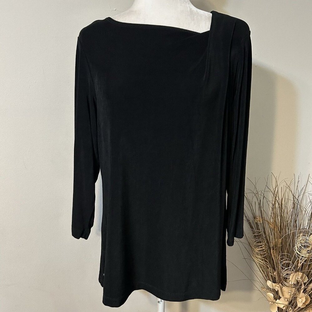 Coldwater Creek Top Women's XL Black 3/4 Sleeve Ruched Shoulder Slinky Stretch